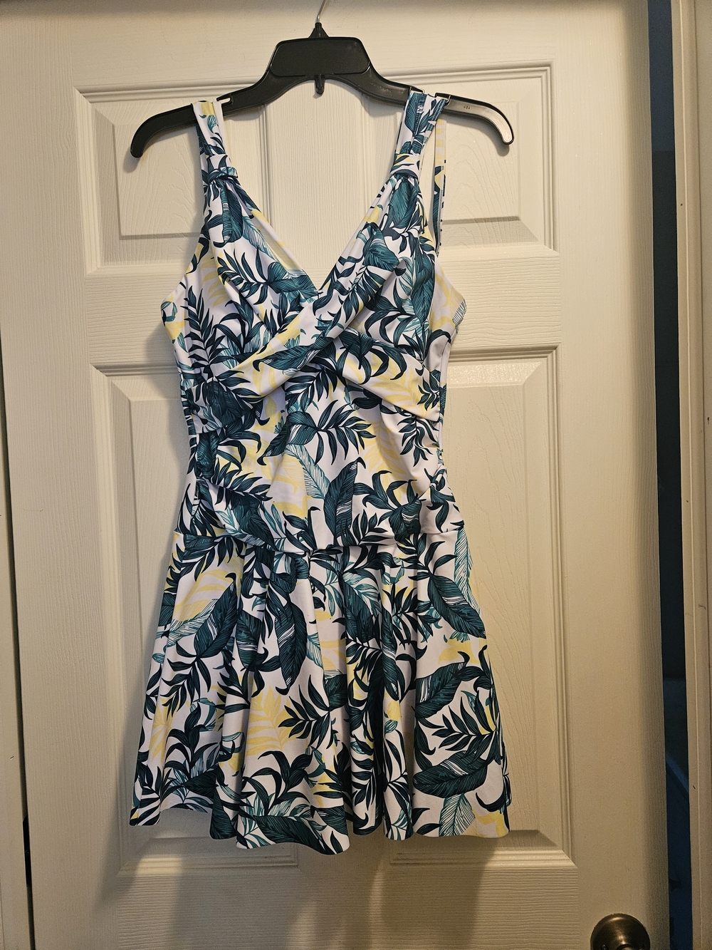 Tropical Leaf Print Swim Dress in Teal and Yellow